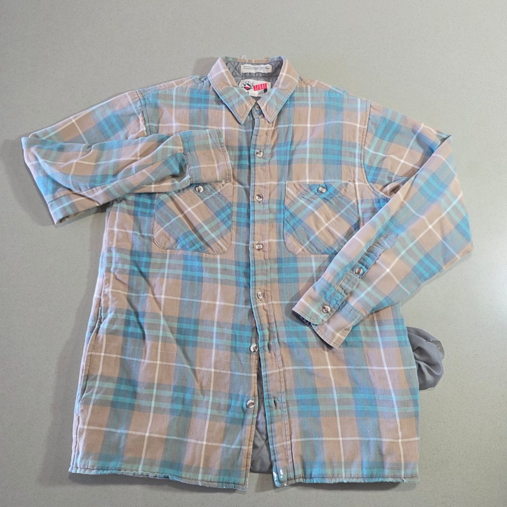 Field & Stream Vintage Quilted Lined Flannel Shirt Jacket Plaid Tan Blue L Read*